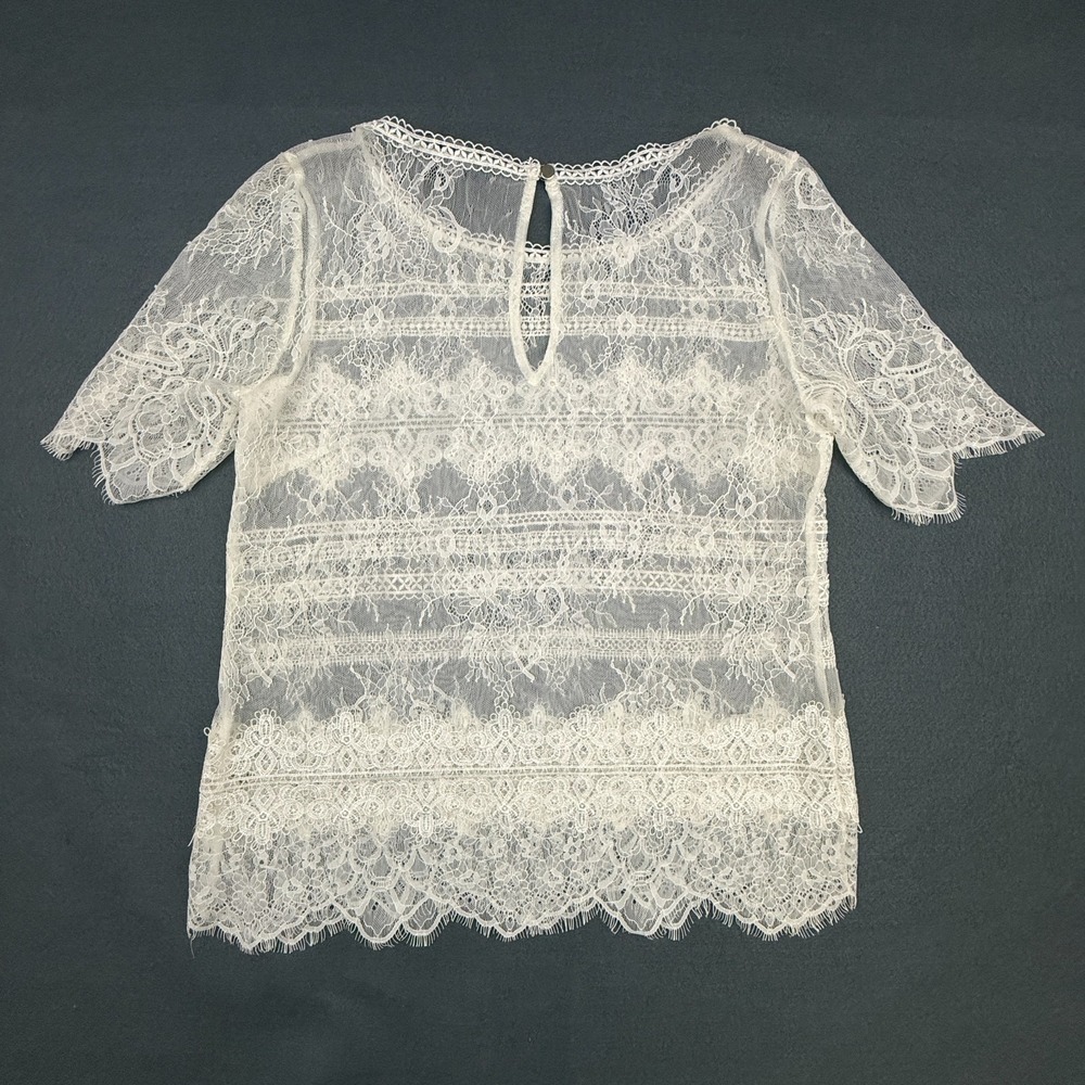Theory Lace Top Womens XXS White Sheer‎ Short Sleeve Keyhole Scalloped Layering
